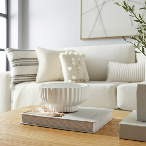 21649#12x5" Ridged Pedestal Bowl, White