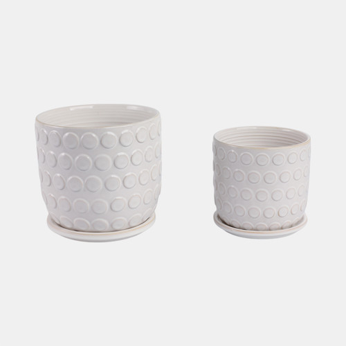 21661-01#Cer, S/2 6/8"  Bubbles Planter W/ Saucer, Beige