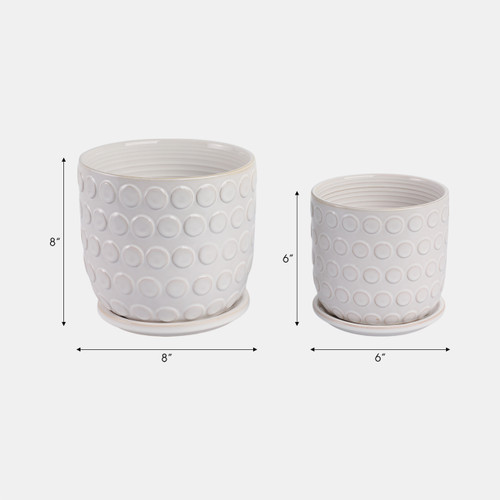 21661-01#Cer, S/2 6/8"  Bubbles Planter W/ Saucer, Beige