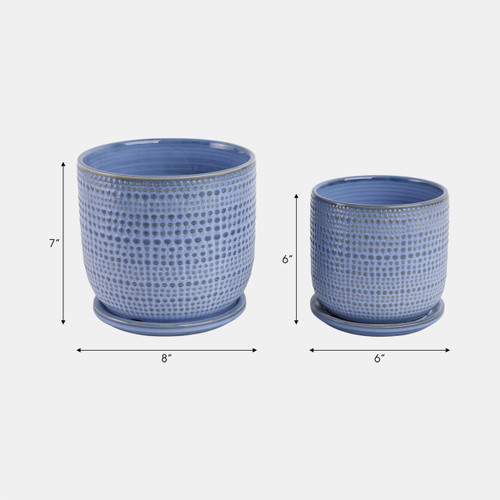 21661-03#Cer, S/2 2 6/8" Textured Planter W/ Saucer,  Blue