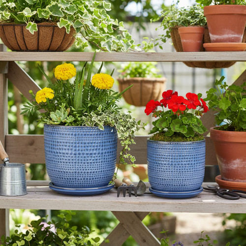 21661-03#Cer, S/2 2 6/8" Textured Planter W/ Saucer,  Blue