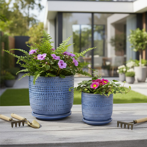 21661-03#Cer, S/2 2 6/8" Textured Planter W/ Saucer,  Blue