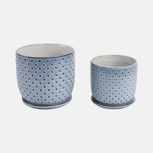 21661-05#Cer, S/2 6/8" Dotted Planter W/ Saucer,  Blue