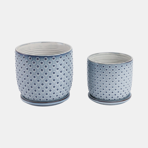 21661-05#Cer, S/2 6/8" Dotted Planter W/ Saucer,  Blue