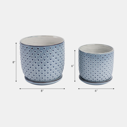 21661-05#Cer, S/2 6/8" Dotted Planter W/ Saucer,  Blue