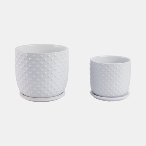 21661-08#S/2 6/8" Dotted Planter W/ Saucer, White