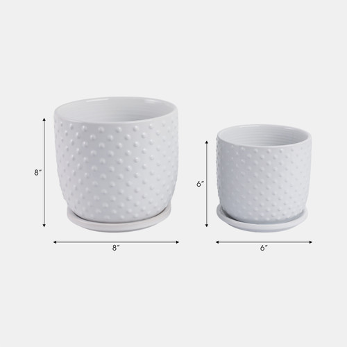 21661-08#S/2 6/8" Dotted Planter W/ Saucer, White