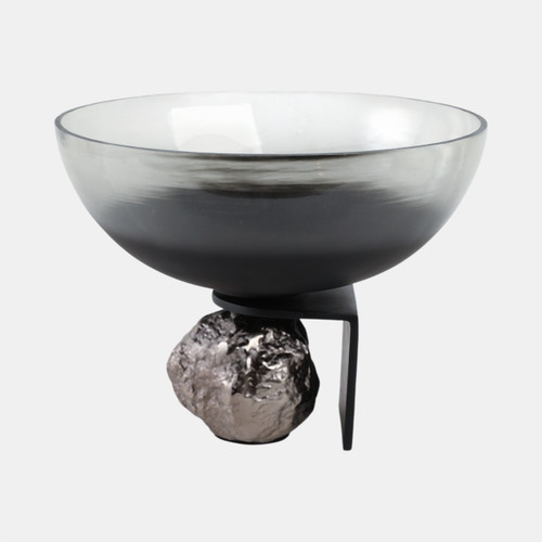 21662-02#14x11" Glass Bowl On Rock Pedestal, Black/silver
