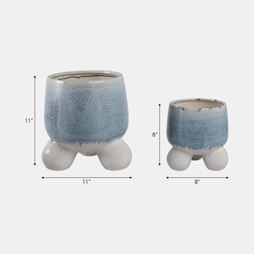 21663-01#S/2 8/11" Knobby Footed Planters, Blue/white