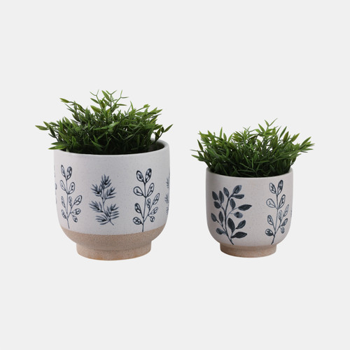 21665-01#S/2 6/8" Hand Painted Leaves Planters, White/blue