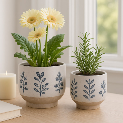 21665-01#S/2 6/8" Hand Painted Leaves Planters, White/blue