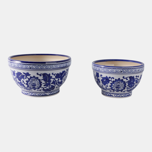 19140-01#S/2 9/11" Bowl Chinoiserie Planters, Blue/wht