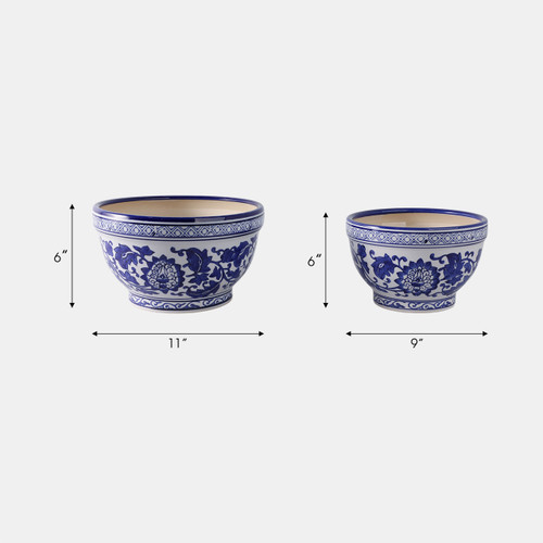 19140-01#S/2 9/11" Bowl Chinoiserie Planters, Blue/wht
