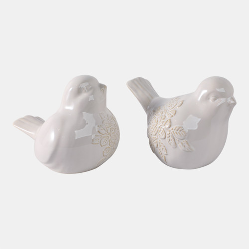 18631-01#Cer, S/2, 8" Birds With Flower Decals, Ivory