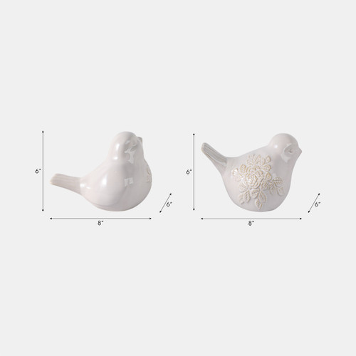 18631-01#Cer, S/2, 8" Birds With Flower Decals, Ivory