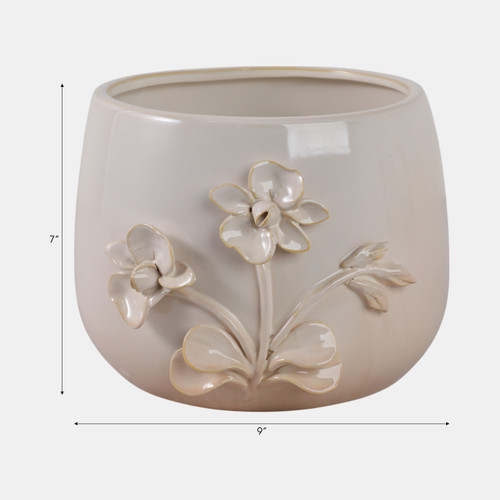 21796-03#9" Flower Applique Planter, Ivory
