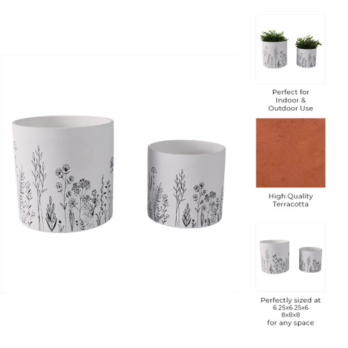 21860#S/2 6/8" Wildflower Field Planters, White/navy