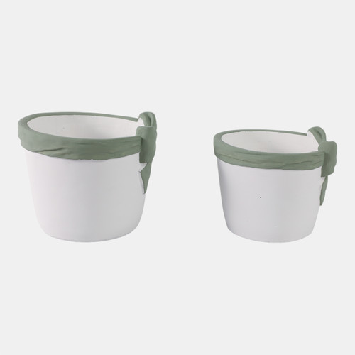 21870#S/2 6/7" Big Bow Planters, White/green