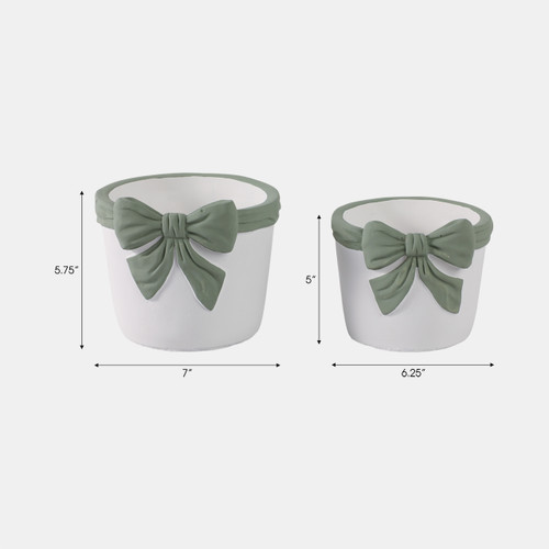 21870#S/2 6/7" Big Bow Planters, White/green
