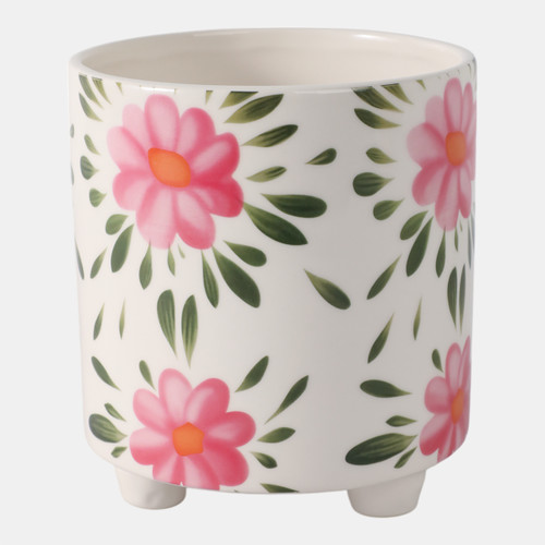 21909-02#6" Footed Hand Painted Pink Flower Planter, Multi