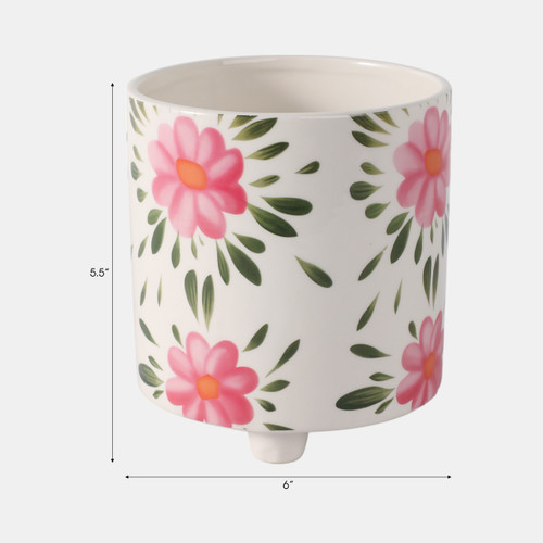 21909-02#6" Footed Hand Painted Pink Flower Planter, Multi