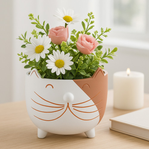 21910#6" Kitty Whiskers Footed Planter, White/tan
