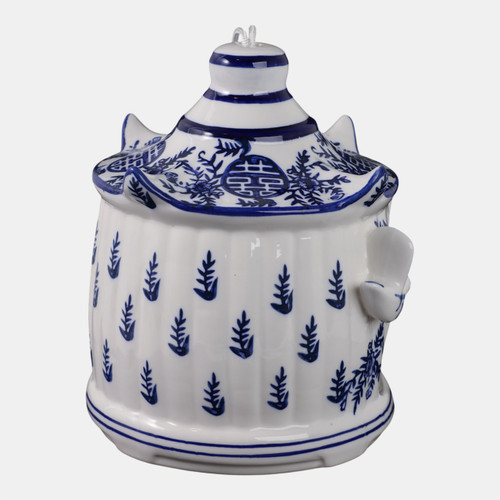 21987#8x7" Chinoiserie Large Pagoda Bird House, Wht/blu