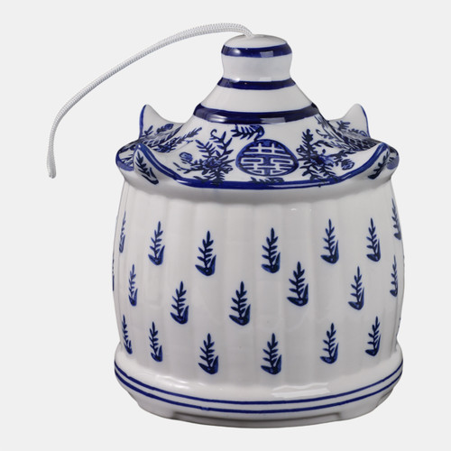 21987#8x7" Chinoiserie Large Pagoda Bird House, Wht/blu