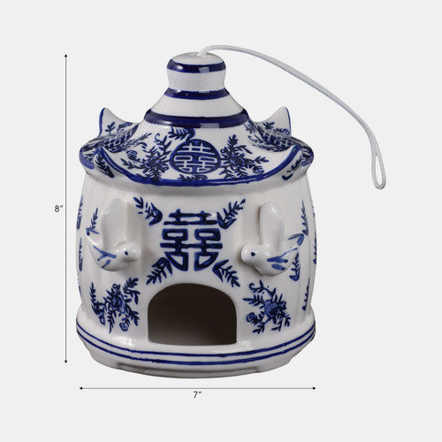21987#8x7" Chinoiserie Large Pagoda Bird House, Wht/blu