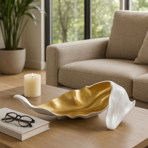 18466-01#Metal 18" Curled Leaf, Ivory/gold