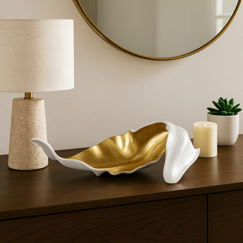 18466-01#Metal 18" Curled Leaf, Ivory/gold