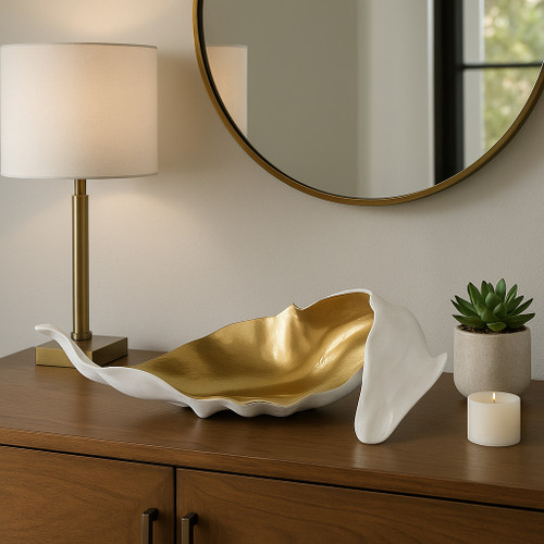 18466-01#Metal 18" Curled Leaf, Ivory/gold