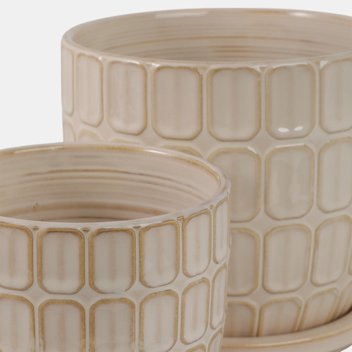22110-01#S/2 6/8" Squoval Design Saucer Planters, Ivory