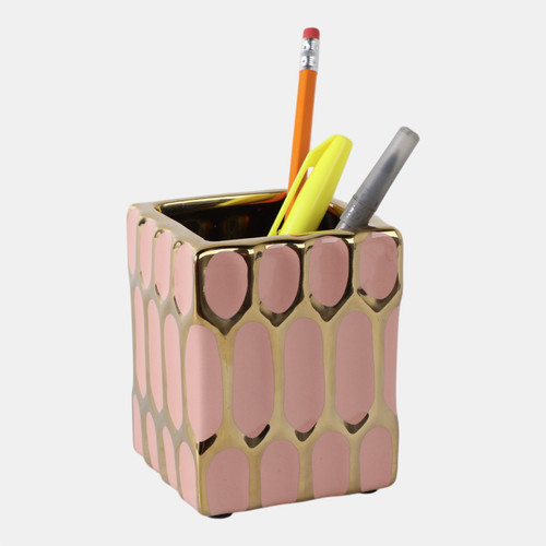 16981-09#Cer, 4"h Pen Holder, Blush/gold