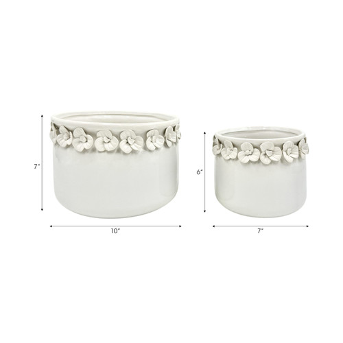20260-06#S/2 7/10" Floral Applique Planter, White