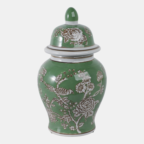 22191-01#10x6" Bird & Flower Temple Jar, Green/brown