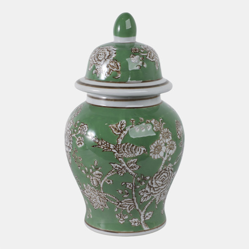 22191-01#10x6" Bird & Flower Temple Jar, Green/brown