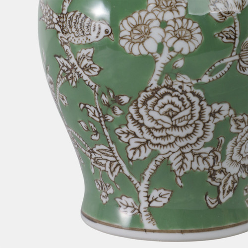 22191-01#10x6" Bird & Flower Temple Jar, Green/brown