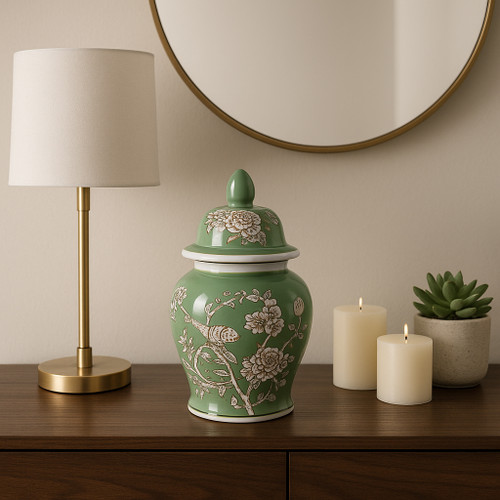 22191-01#10x6" Bird & Flower Temple Jar, Green/brown