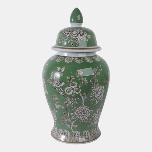 22191-02#18x9" Bird & Flower Temple Jar, Green/brown