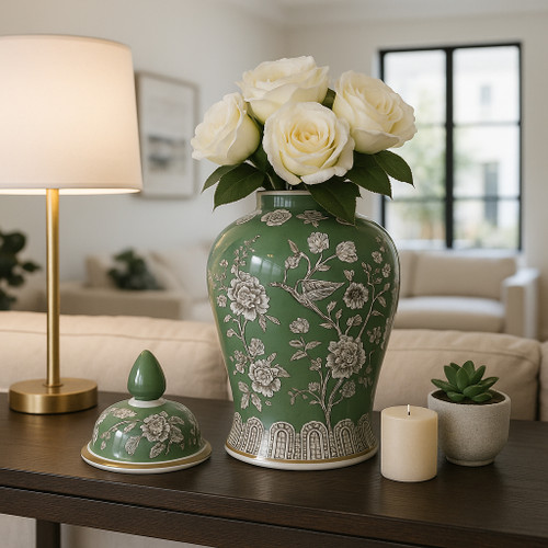 22191-02#18x9" Bird & Flower Temple Jar, Green/brown