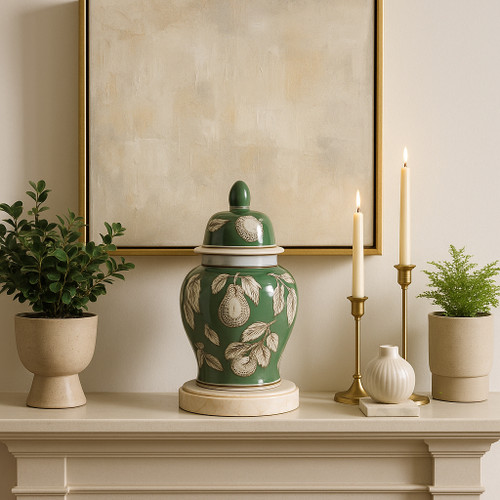 22192-01#10x6" Pears & Twigs Temple Jar, Green/brown