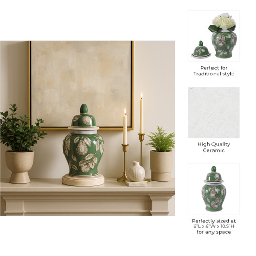22192-01#10x6" Pears & Twigs Temple Jar, Green/brown