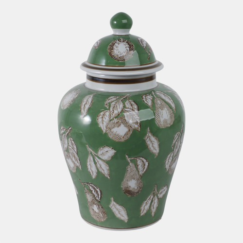 22192-02#14x9" Pears & Twigs Temple Jar, Green/brown
