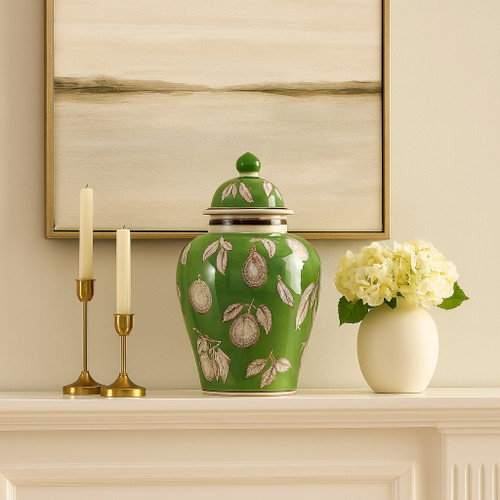 22192-02#14x9" Pears & Twigs Temple Jar, Green/brown
