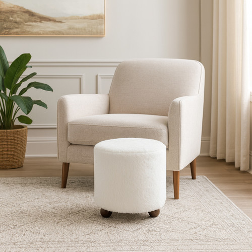 22193#20" Faux Fur Ottoman W/ Ball Feet, Ivory