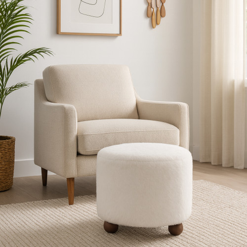 22193#20" Faux Fur Ottoman W/ Ball Feet, Ivory