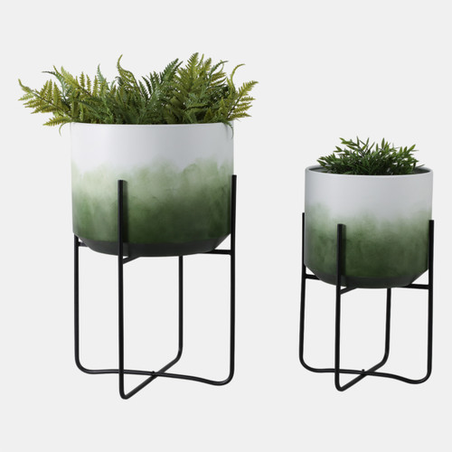 22209-02#S/2 19/23" Gradient Metal Planters On Stands, Gree