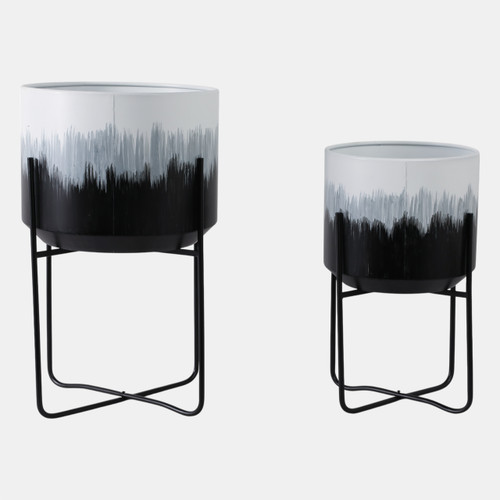 22209-04#S/2 19/23" Brush Strokes Metal Planters On Stands,