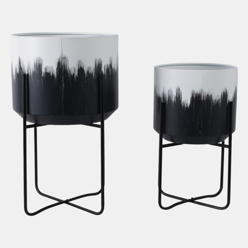 22209-05#S/2 19/23" Metal Planters On Stands, White/blk Kd